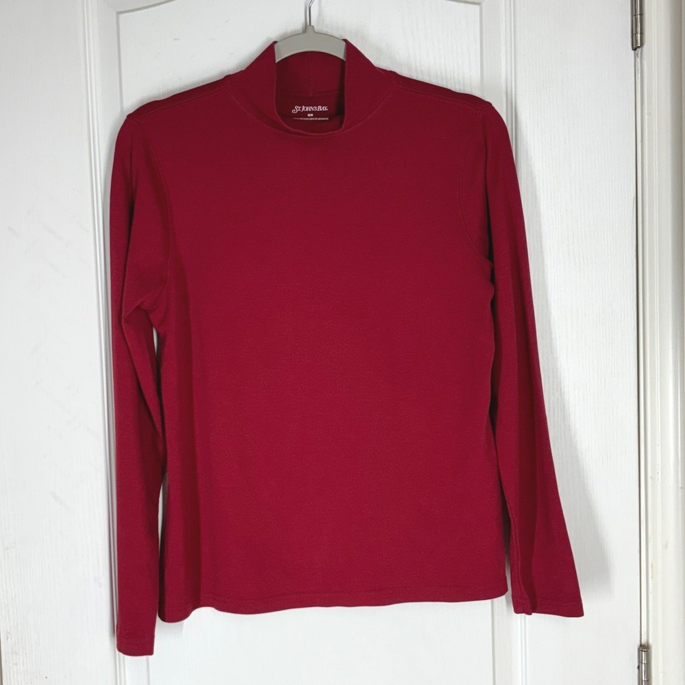 St. Johns Bay Womens Red Mock Neck Long Sleeve Cotton Top Size Medium